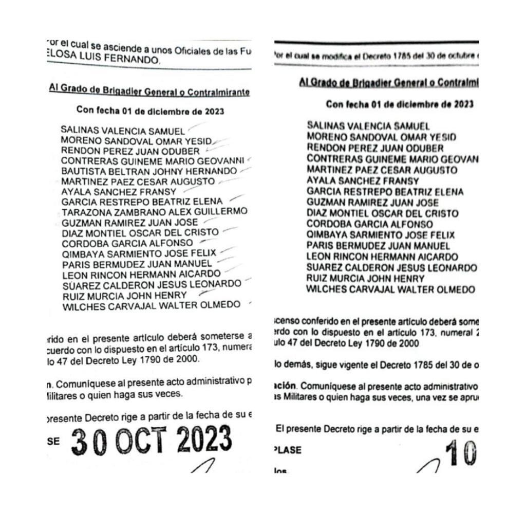 En el decreto del 30 de octubre los coroneles Johny Bautista y Alex Tarazona fueron llamados a ascenso para Brigadier General, pero en el del 10 de noviembre ya sus nombres no aparecen.