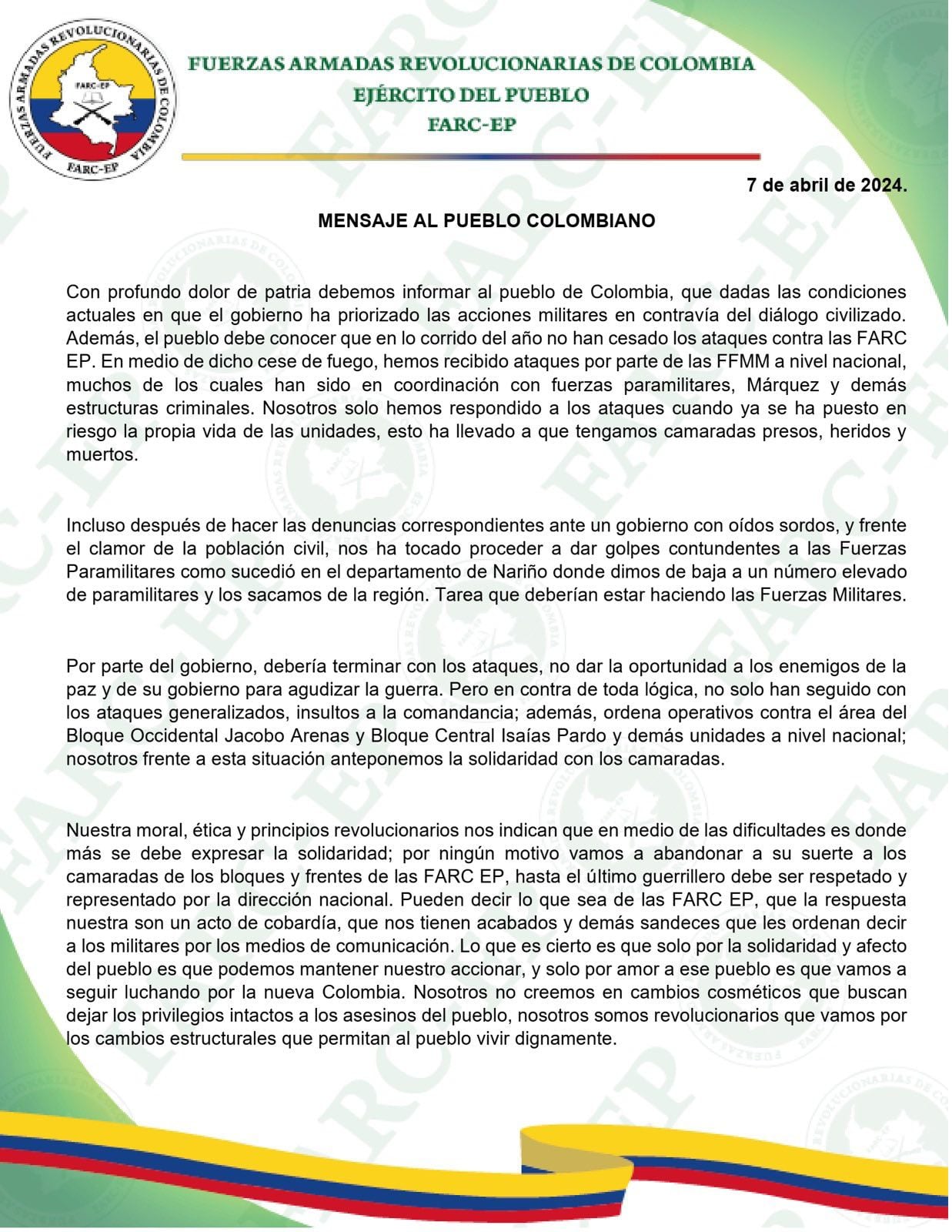 Comunicación Farc de Iván Mordisco