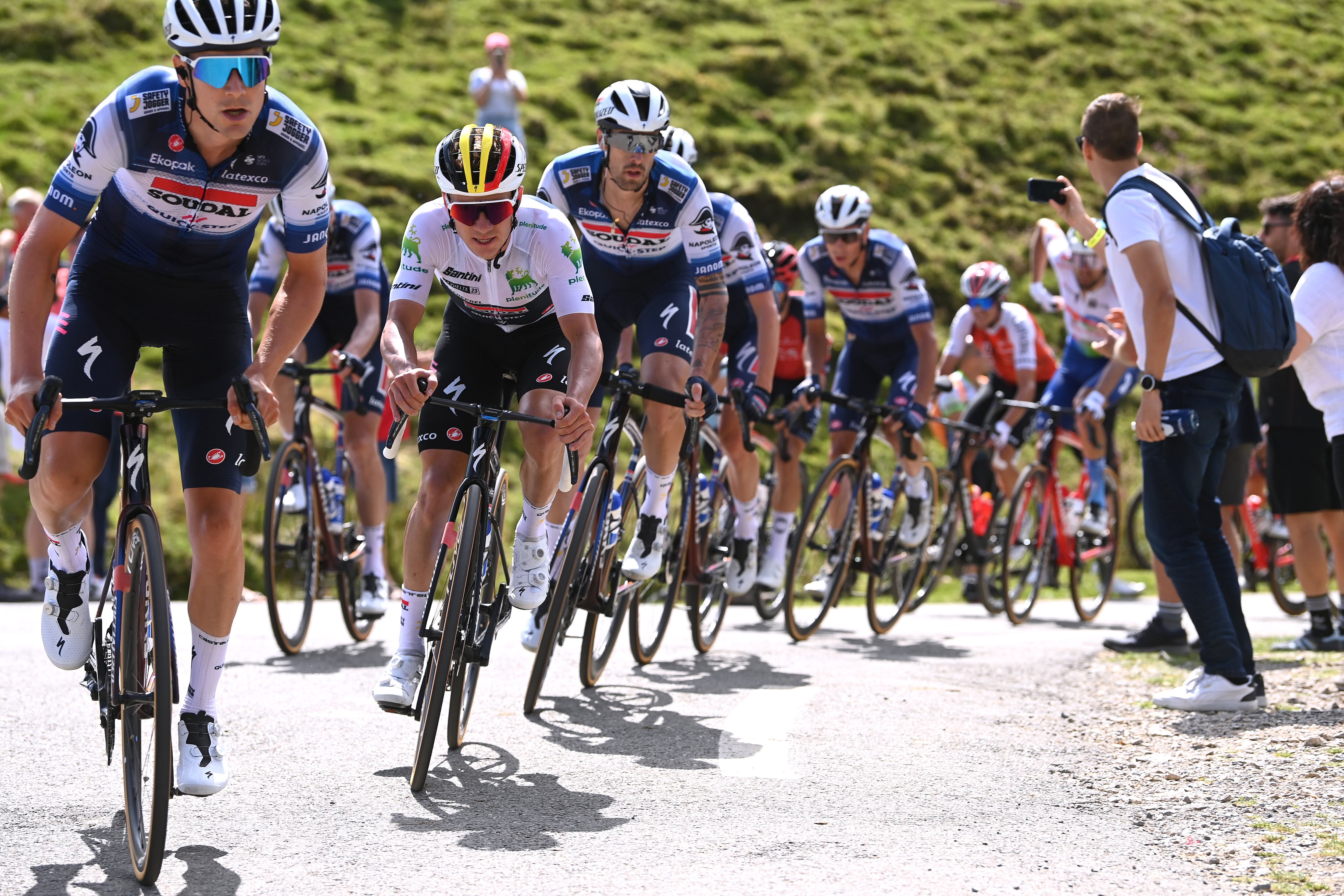 COL DU TOURMALET, FRANCE - SEPTEMBER 08: Remco Evenepoel of Belgium and Team Soudal - Quick Step - White Best Young Rider Jersey competes during the 78th Tour of Spain 2023 a 134.7km stage from Formigal. Huesca la Magia  to Col du Tourmalet 2115m / #UCIWT / on September 08, 2023 in Col du Tourmalet, France. (Photo by Tim de Waele/Getty Images)