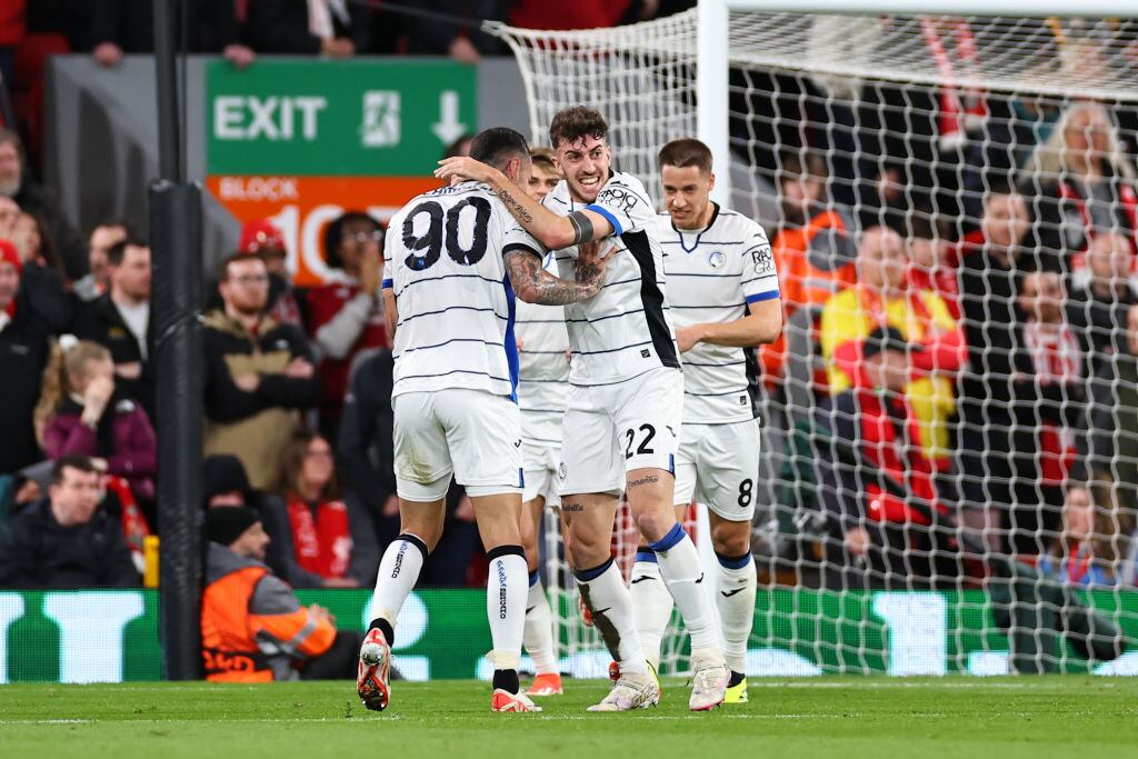 LIVERPOOL, ENGLAND - APRIL 11: Gianluca Scamacca of Atalanta celebrates after scoring a goal to make it 0-1 during the UEFA Europa League 2023/24 Quarter-Final first leg match between Liverpool FC and Atalanta at Anfield on April 11, 2024 in Liverpool, England.(Photo by Robbie Jay Barratt - AMA/Getty Images)