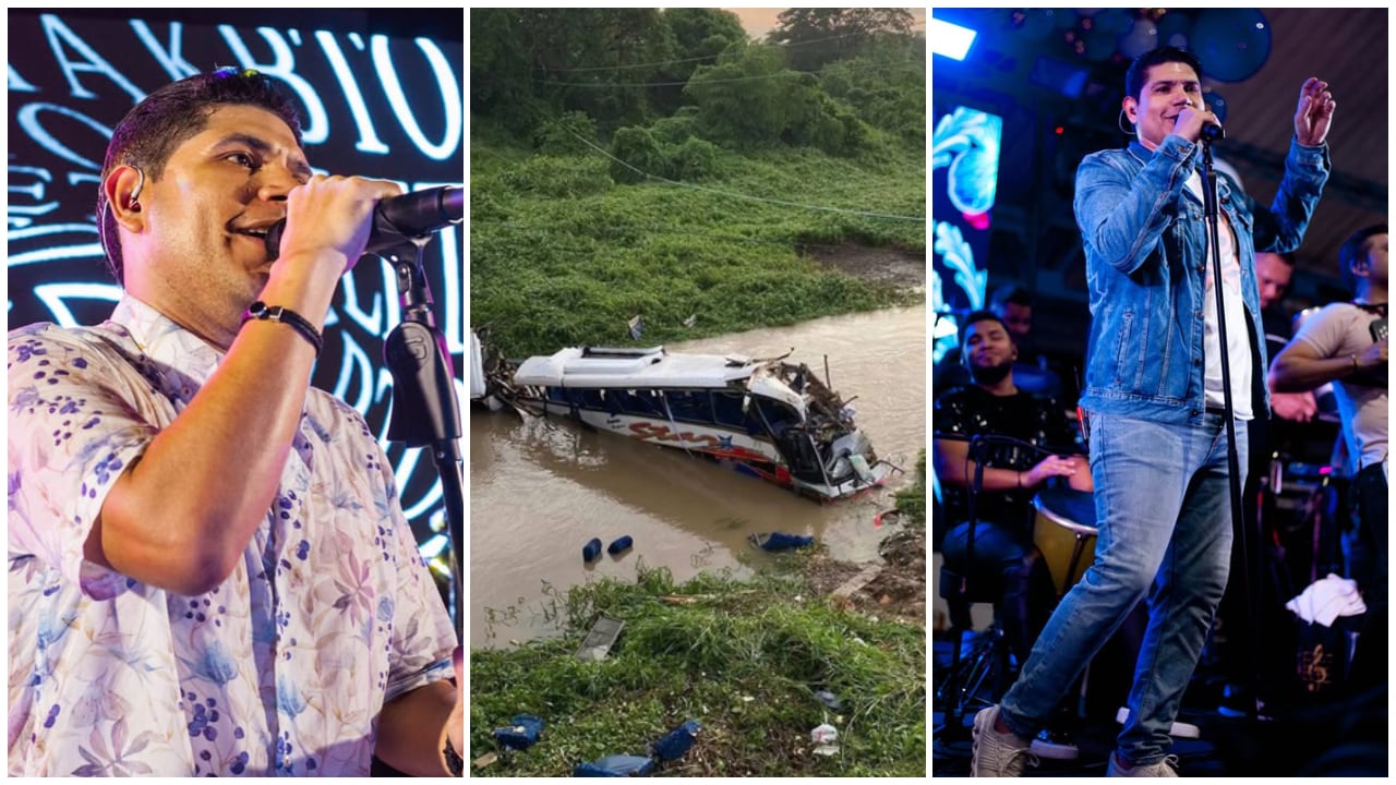 El cantante Kbeto Zuleta y, en el centro, el vehículo en el que se movilizaba, entre Sincelejo y Valledupar