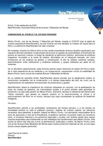 Comunicado de New7Wonders sobre lo que está sucediendo en Machu Picchu, Perú.