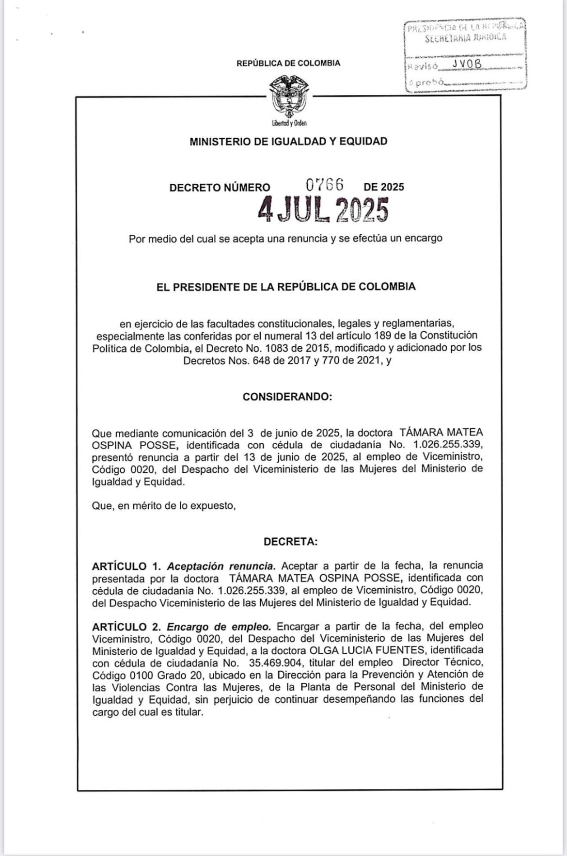 Decreto aceptación de renuncia de la viceministra de la Mujer