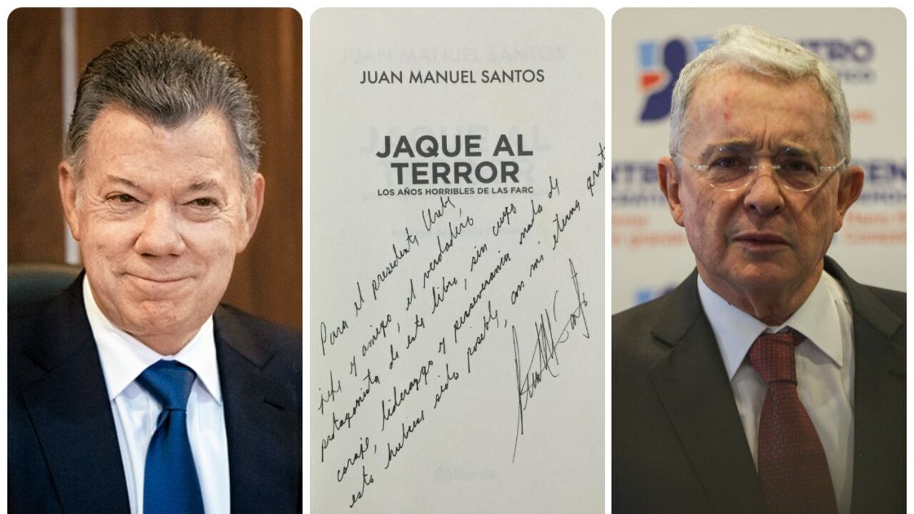 Así le autografió el libro el expresidente Juan Manuel Santos al exmandatario Álvaro Uribe.