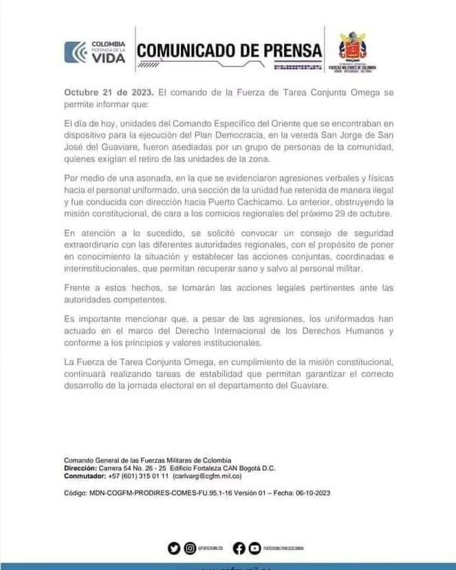 EJÉRCITO CONFIRMA SECUESTRO DE 18 MILITARES EN SAN JOSÉ DEL GUAVIARE