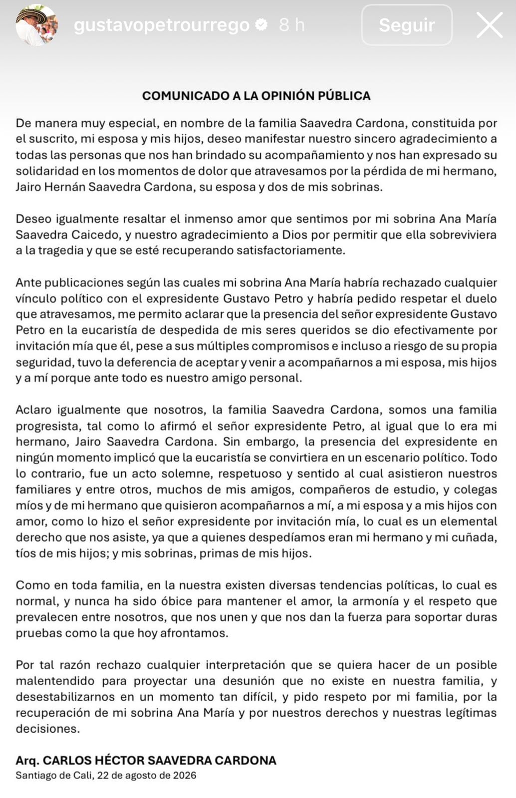 Comunicado de Carlos Héctor Saavedra Cardona, compartido en las redes de Gustavo Petro.