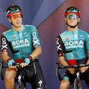 UTRECHT, NETHERLANDS - AUGUST 20: (L-R) Danny Van Poppel of Netherlands, Matteo Fabbro of Italy and Sergio Andres Higuita Garcia of Colombia and Team Bora - Hansgrohe during the team presentation prior to the 77th Tour of Spain 2022, Stage 2 a 175,1km stage from `s-Hertogenbosch to Utrecht / #LaVuelta22 / #WorldTour / on August 20, 2022 in Utrecht, Netherlands. (Photo by Bas Czerwinski/Getty Images)