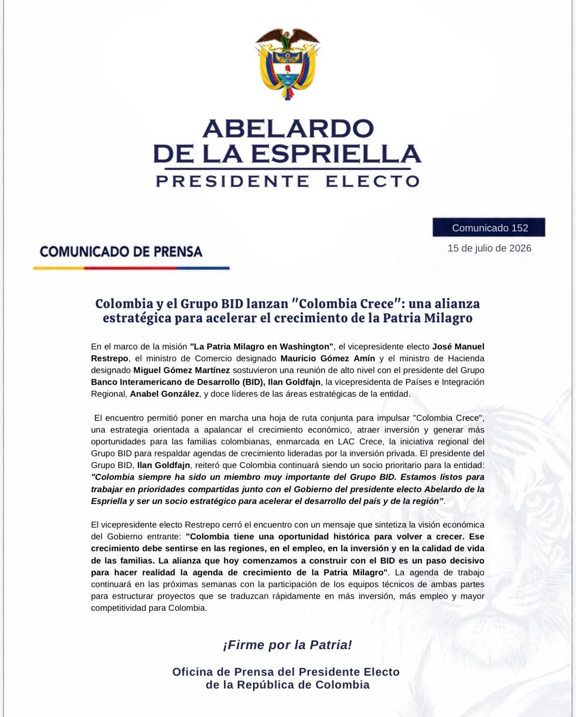 Comunicado equipo de prensa presidente electo Abelardo De La Espriella.