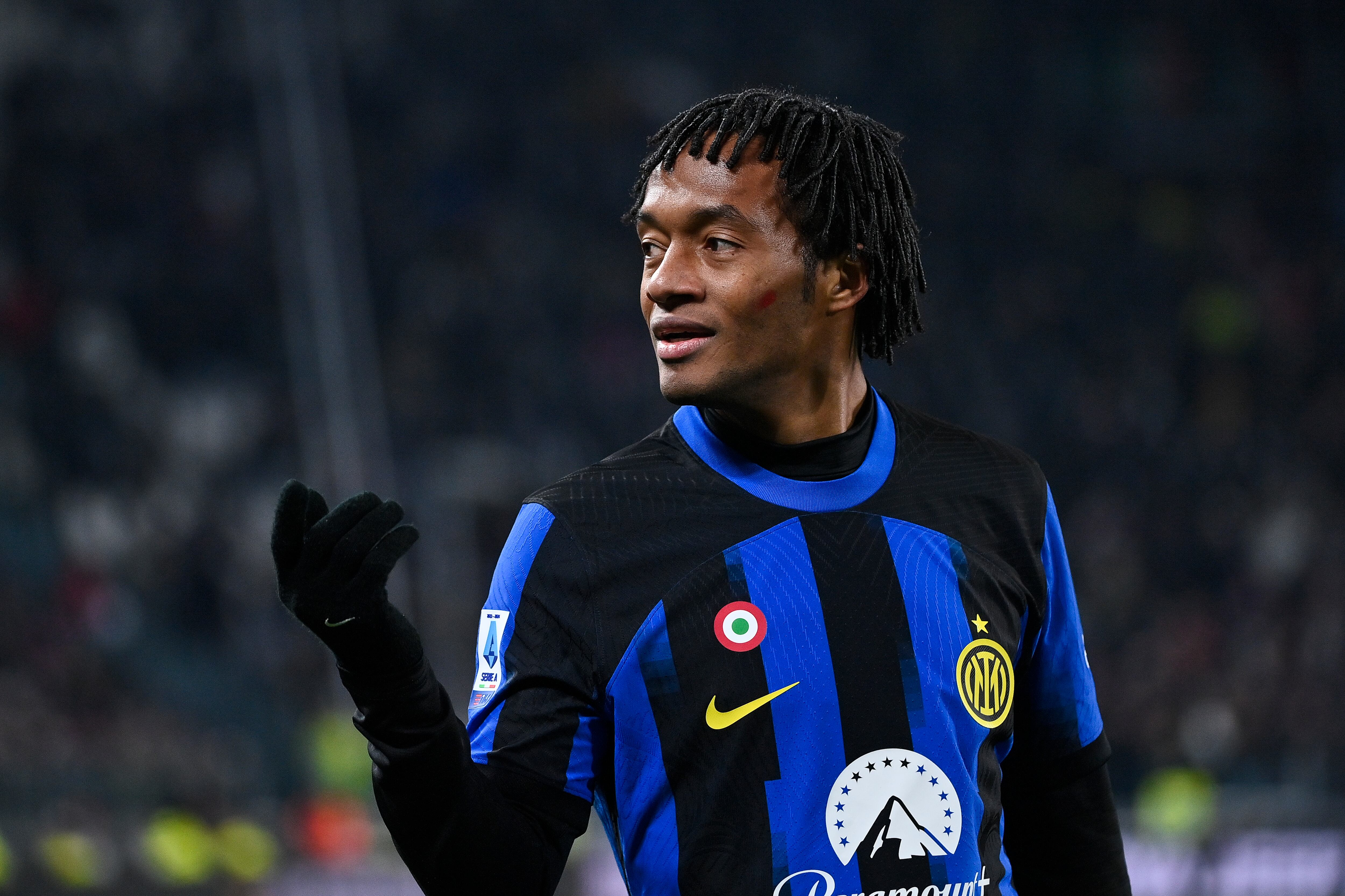 TURIN, ITALY - NOVEMBER 26: Juan Cuadrado of Internazionale FC  reacts during the Serie A TIM match between Juventus and FC Internazionale at Allianz Stadium on November 26, 2023 in Turin, Italy. (Photo by Stefano Guidi/Getty Images)