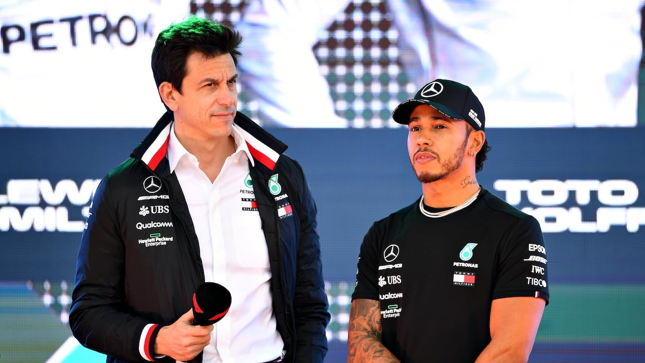 MELBOURNE, AUSTRALIA - MARCH 13: Lewis Hamilton of Great Britain and Mercedes GP and Mercedes GP Executive Director Toto Wolff on stage for the F1 Live event during previews ahead of the F1 Grand Prix of Australia at Melbourne Grand Prix Circuit on March 13, 2019 in Melbourne, Australia. (Photo by Clive Mason/Getty Images)