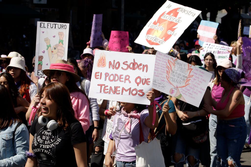 March 8, 2024, Mexico City, Mexico: Women during the International Women's Day demonstration to protest against femicide, as hundreds of women join protests around the world to commemorate International Women's Day. (Photo by Luis Barron / Eyepix Group). (Photo credit should read Luis Barron / Eyepix Group/Future Publishing via Getty Images)