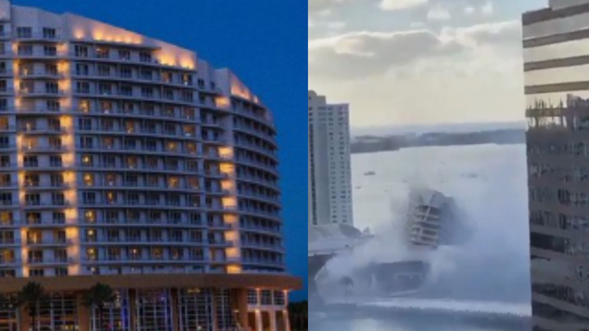 El momento exacto en que el Mandarin Oriental colapsa sobre sí mismo durante la implosión controlada en Miami.
