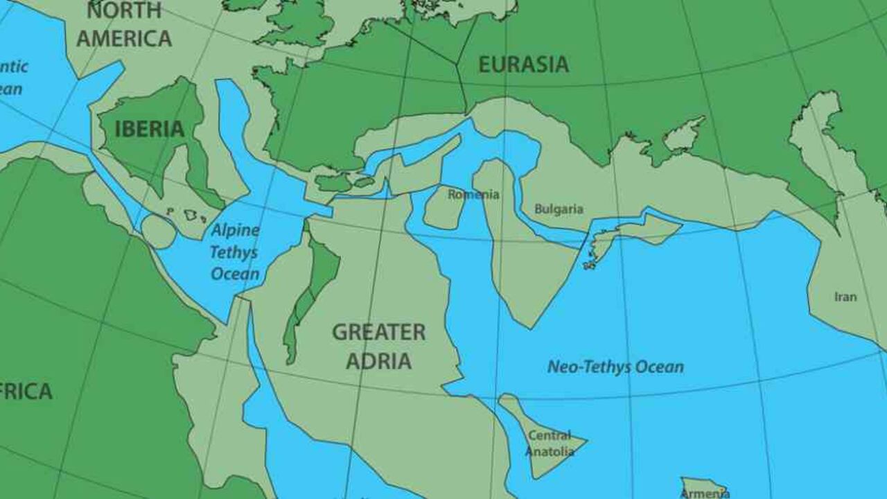 Derechos de autor de la imagenGENTILEZA DOUWE VAN HINSBERGEN Image caption El continente de Gran Adria chocó contra el sur de Europa hace entre 100 y 120 millones de años. Foto:GENTILEZA DOUWE VAN HINSBERGEN/BBC