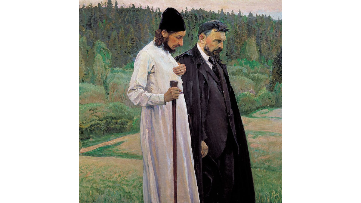 Filósofos (1917), en la que se representa a Florenski y Serguéi Bulgákov. Mijaíl Nésterov/Wikimedia Commons