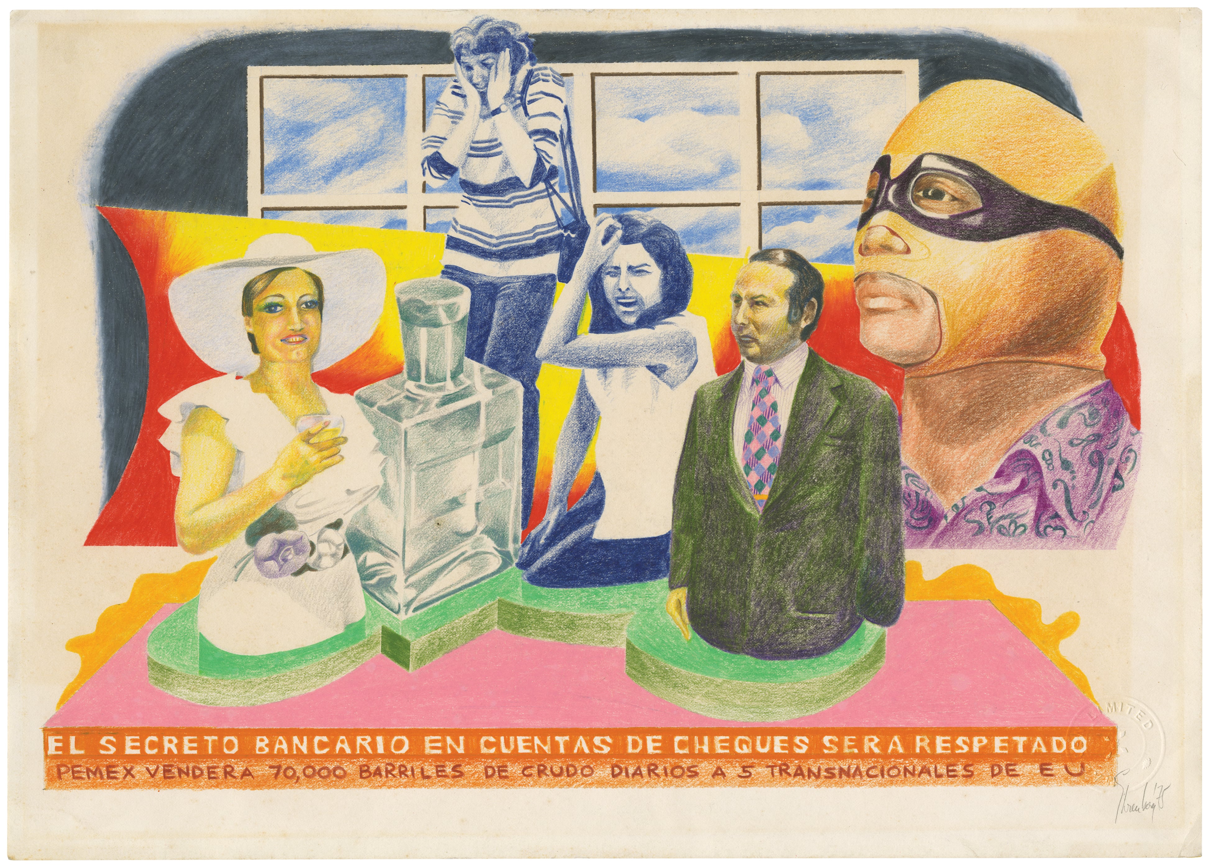 Felipe Ehrenberg. Sin título el secreto bancario. ca. 1979. Dibujo con lápices de colores. Colección privada. París.