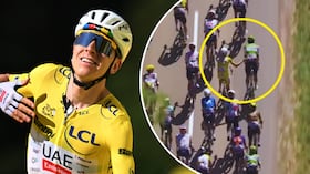 Tadej Pogacar le dio un toque en la espalda a Fernando Gaviria cerca del final de la etapa 11