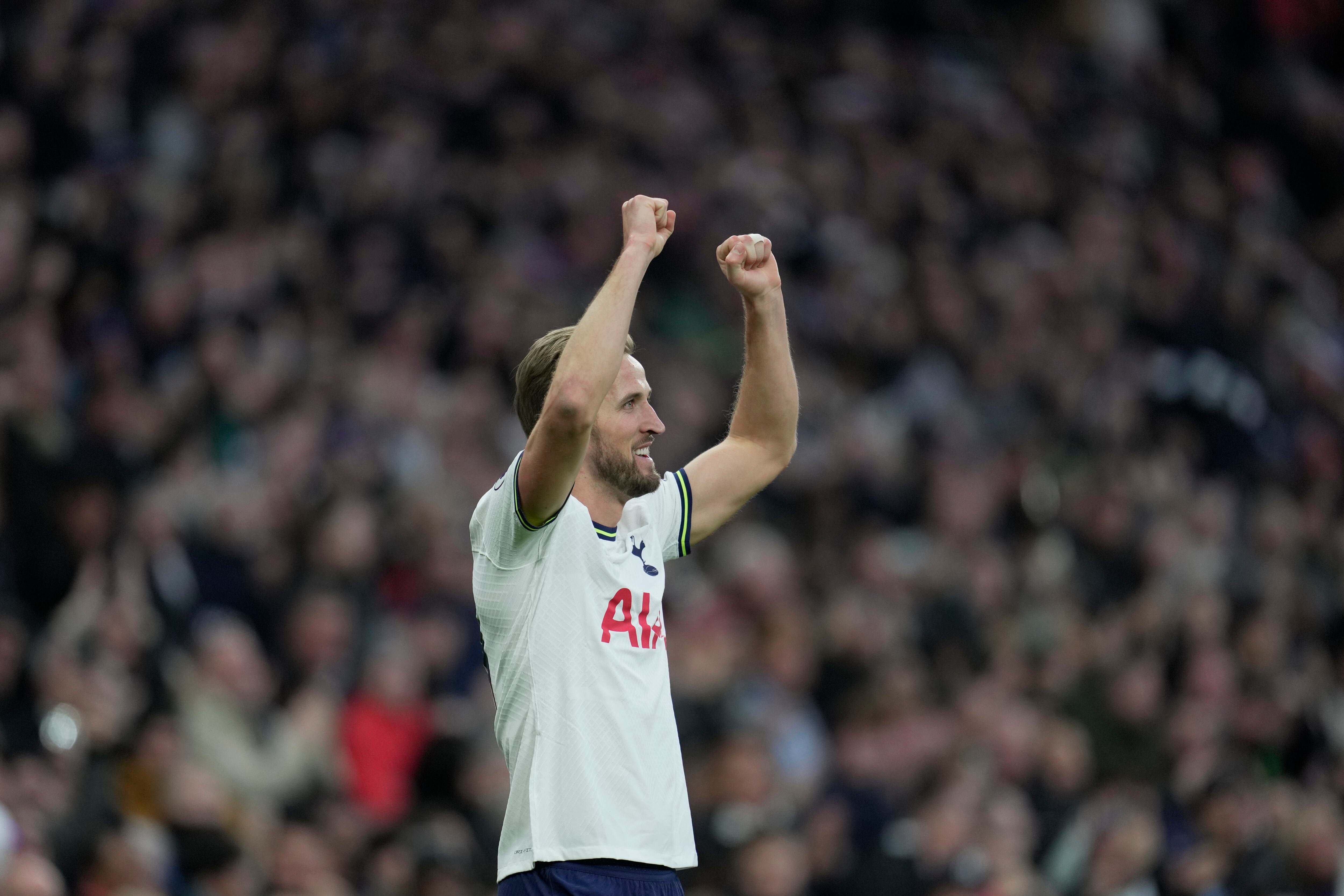 Tottenham's Harry Kane celebrates after scoring the opening goal during an English Premier League soccer match between Tottenham Hotspur and Manchester City at the Tottenham Hotspur Stadium in London, Sunday, Feb. 5, 2023. (AP Photo/Kin Cheung)