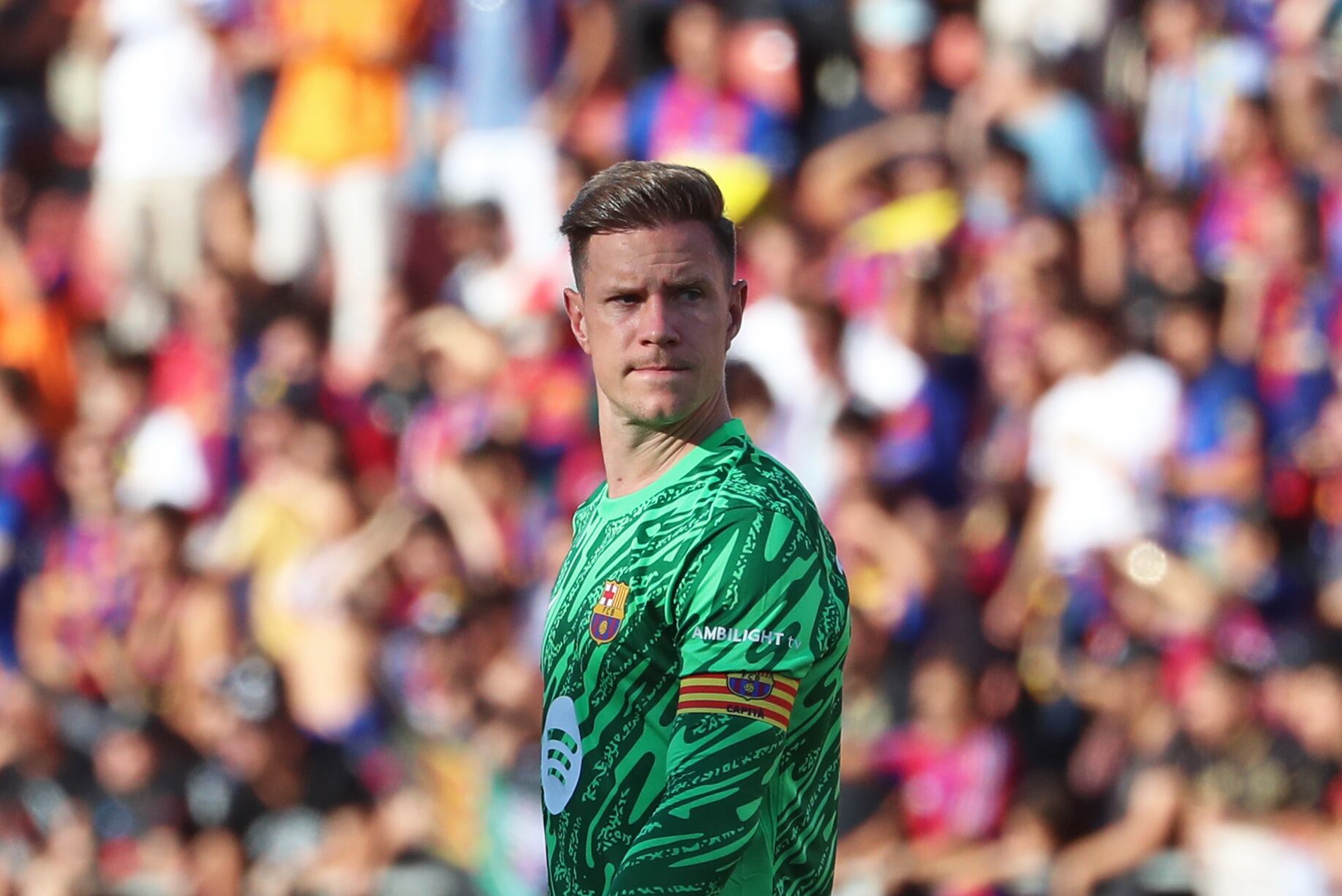 Marc-Andre ter Stegen plays during the match between Girona FC and FC Barcelona, corresponding to week 5 of LaLiga EA Sports, at the Montilivi Stadium, in Girona, Spain, on September 15, 2024. (Photo by Joan Valls/Urbanandsport/NurPhoto via Getty Images)