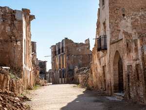 Ruinas del pueblo devastado en la Batalla del Ebro, en el verano de 1937, durante la Guerra Civil Española (1936-1939). Belchite, provincia de Zaragoza, Aragón, España. Europa.