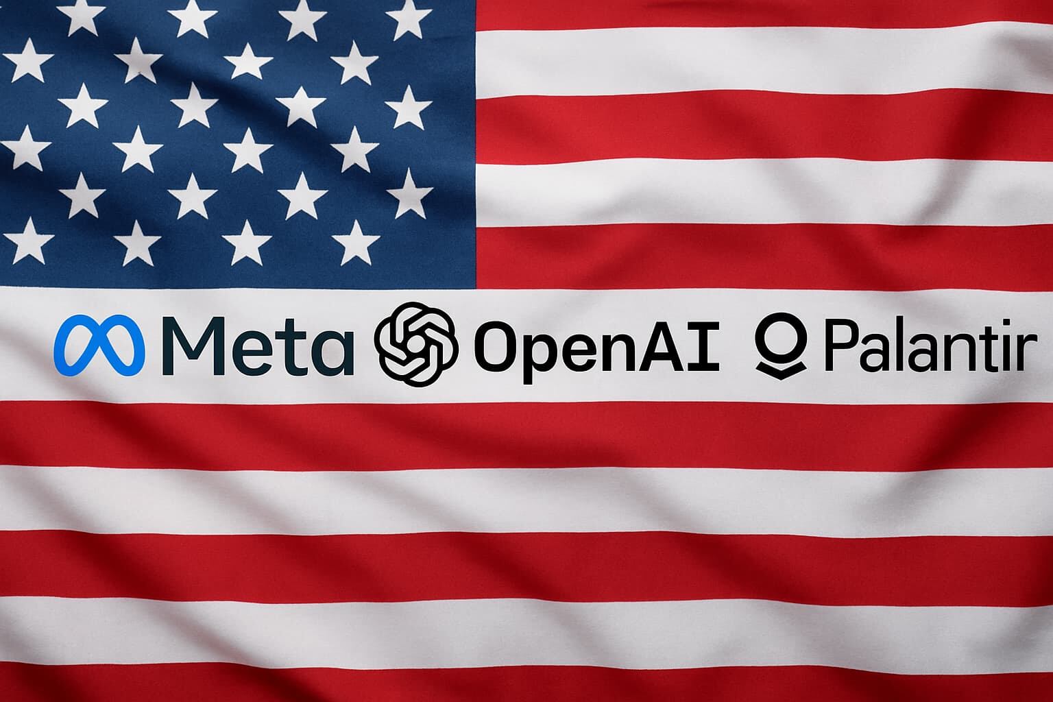 Imagen horizontal que muestra los logotipos de Meta, OpenAI y Palantir sobre un fondo de la bandera de Estados Unidos ondeante.