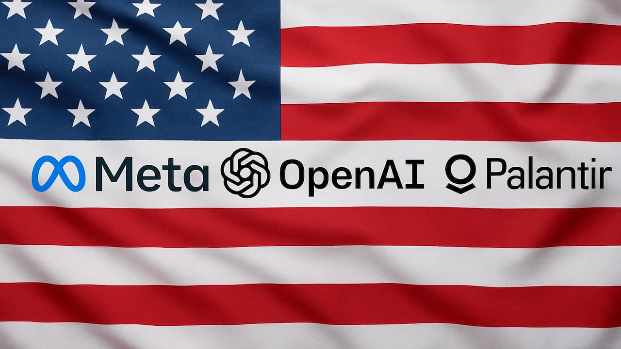 Los logotipos de Meta, OpenAI y Palantir se destacan sobre la bandera de Estados Unidos, reflejando su nueva alianza estratégica con el Ejército.