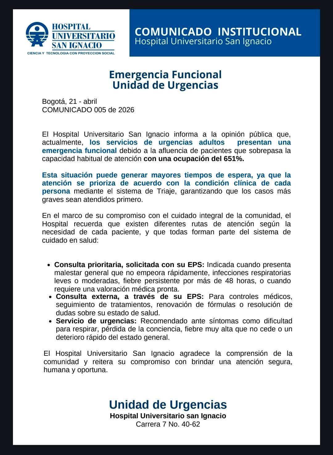 Hospital Universitario San Ignacio declara emergencia funcional en urgencias en Bogotá por ocupación del 651%