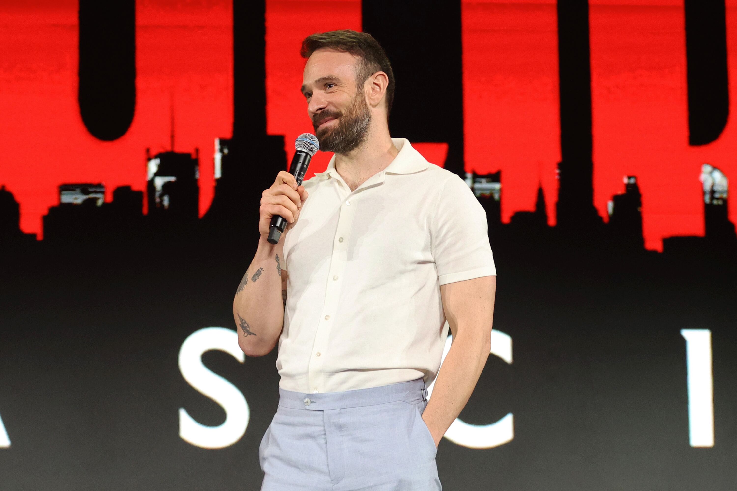 SAO PAULO, BRAZIL - NOVEMBER 09: Daredevil star Charlie Cox speaks during Day 2 of the D23 Brazil: A Disney Experience at Transamerica Expo Center on November 09, 2024 in Sao Paulo, Brazil.  (Photo by Ricardo Moreira/Getty Images for Disney)