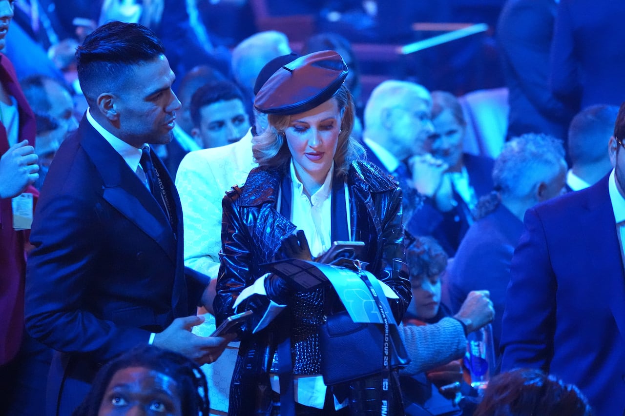 Radamel Falcao, former Colombian soccer player, and his wife singer Lorelei Taron arrive for the draw for the 2026 soccer World Cup at the Kennedy Center in Washington, Friday, Dec. 5, 2025. (AP Photo/Jacquelyn Martin)