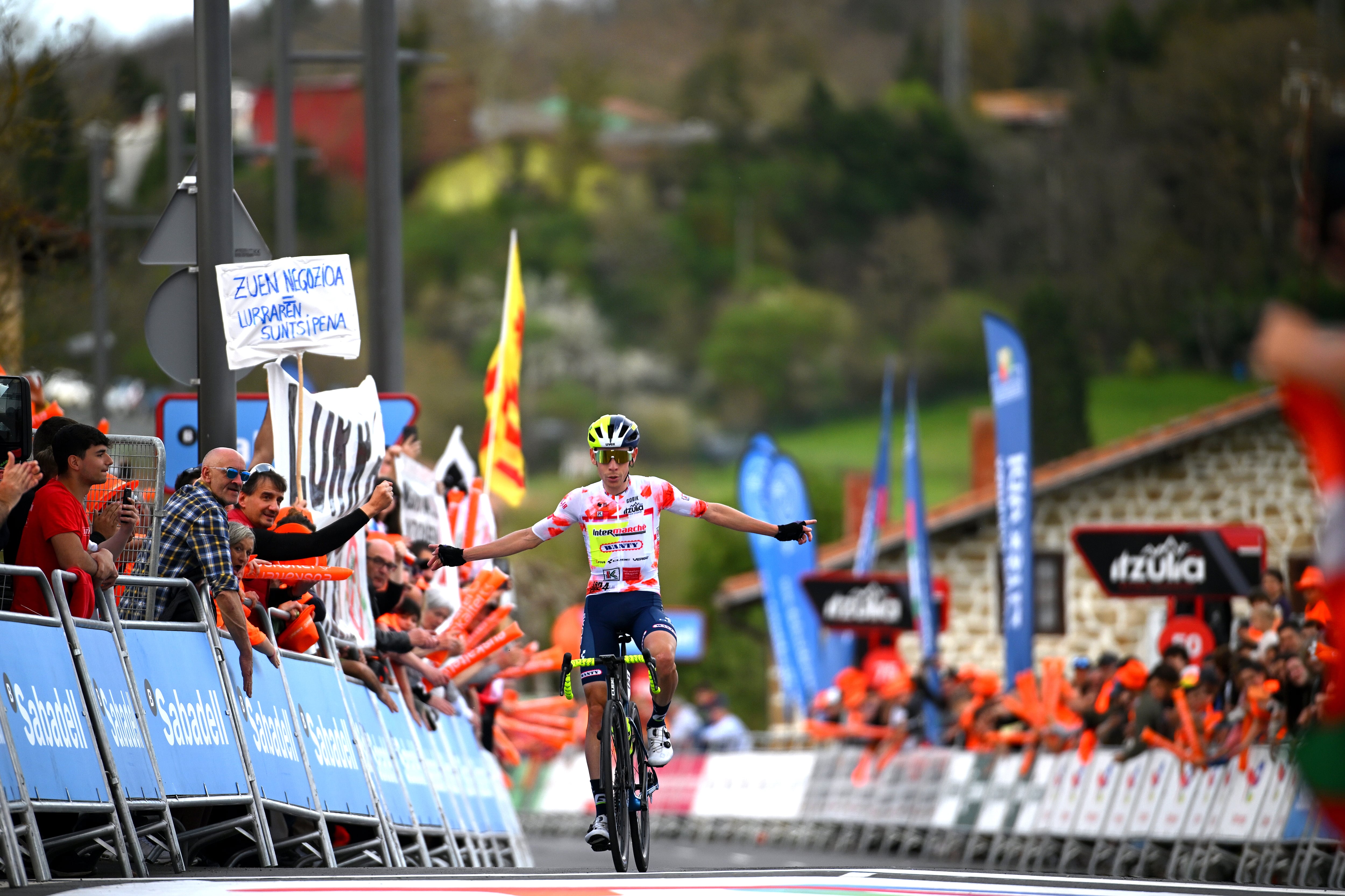 LEGUTIO, SPAIN - APRIL 04: Louis Meintjes of South Africa and Team Intermarche - Wanty - Polka Dot Mountain Jersey celebrates at finish line as stage winner during the 63rd Itzulia Basque Country 2024, Stage 4 a 157.5km stage from Etxarri Aranatz to Legutio 550m / Race neutralised due to a multiple riders crash and dropouts / The breakaway will dispute the victory / #UCIWT / on April 04, 2024 in Etxarri Legutio, Spain. (Photo by Tim de Waele/Getty Images)
