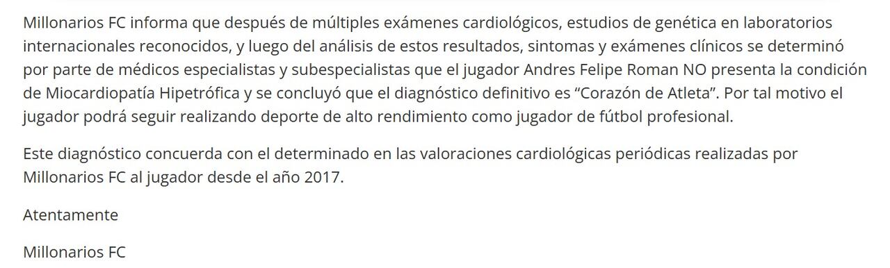 Comunicado oficial de Millonarios sobre Andrés Felipe Román en 2021.