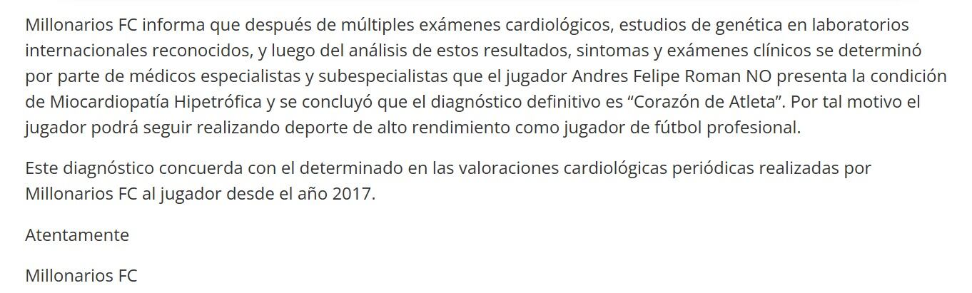 Comunicado oficial de Millonarios sobre Andrés Felipe Román en 2021.