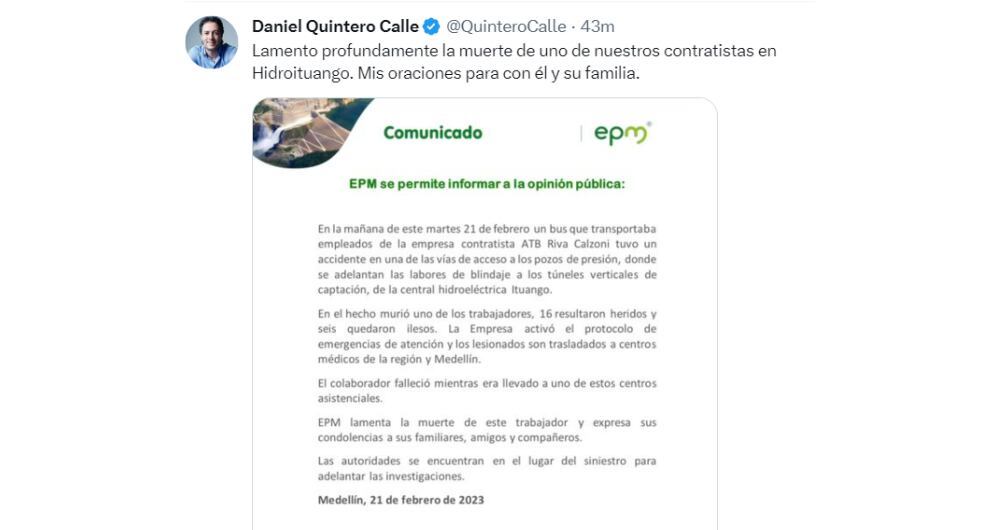 Trino de Daniel Quintero sobre Hidroituango.