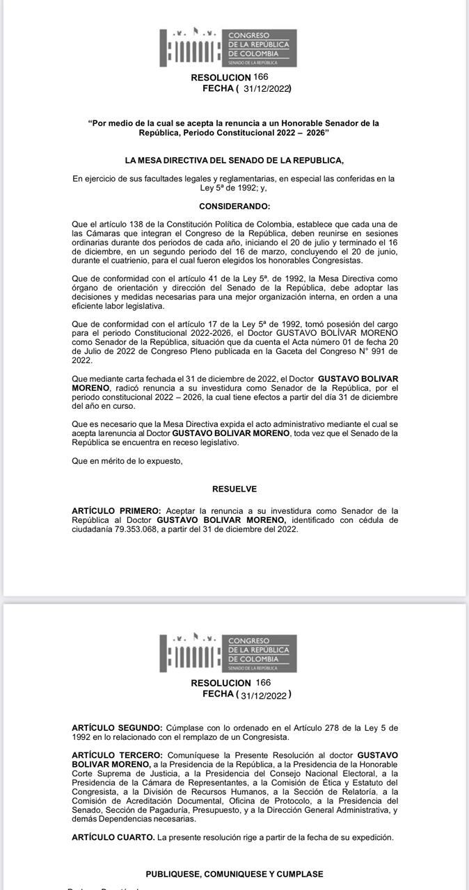 La resolución de aceptación de la renuncia de Gustavo Bolívar.