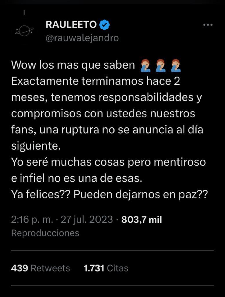 Tweet de Rauw Alejandro que borró minutos después.