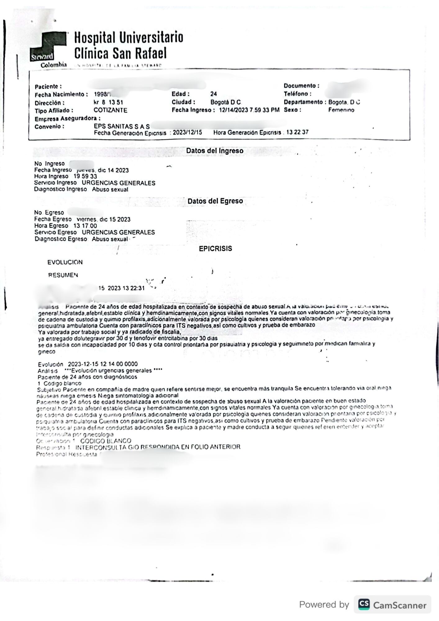 Este es un fragmento de la historia clínica de la joven, donde fue tratada por presunto abuso sexual.