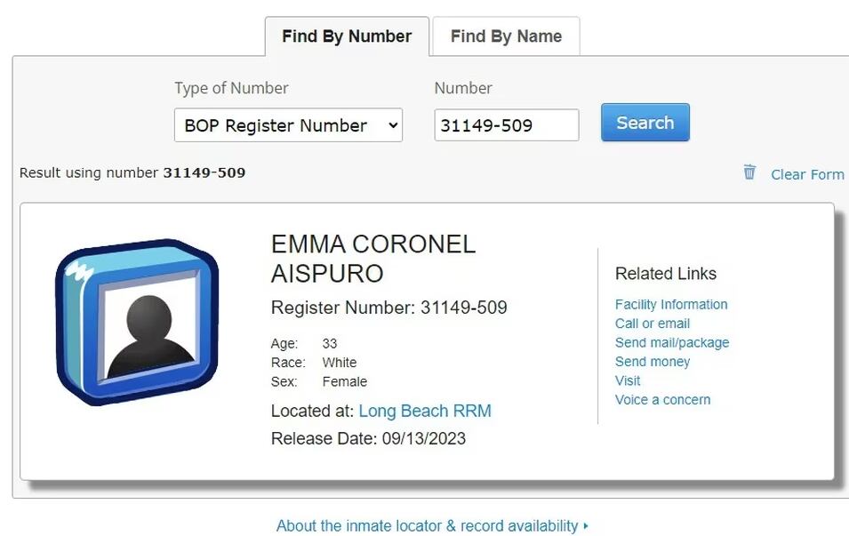 Emma Coronel se encuentra en Los Ángeles, California, según BOP.