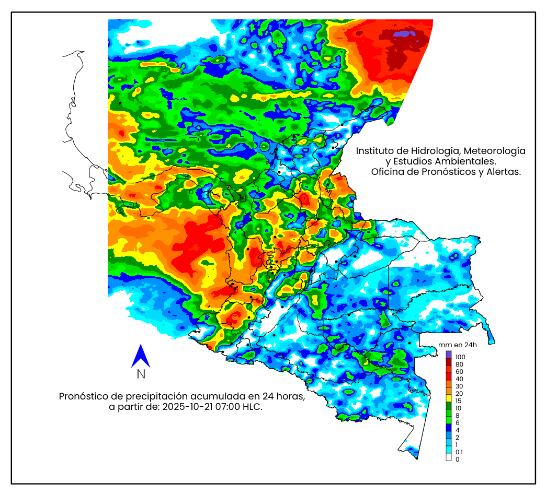 La escala de colores indica la cantidad de precipitación acumulada para el martes 21 de octubre de 2025