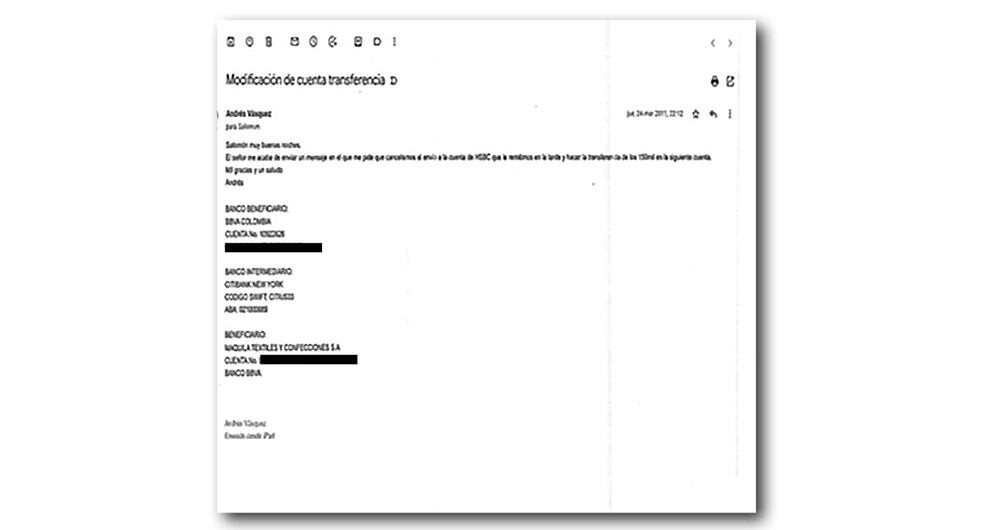     Este correo es una prueba clave. En él, el testigo pide consignar en la cuenta una firma de papel que Saab le había prestado a Piedad Córdoba.  