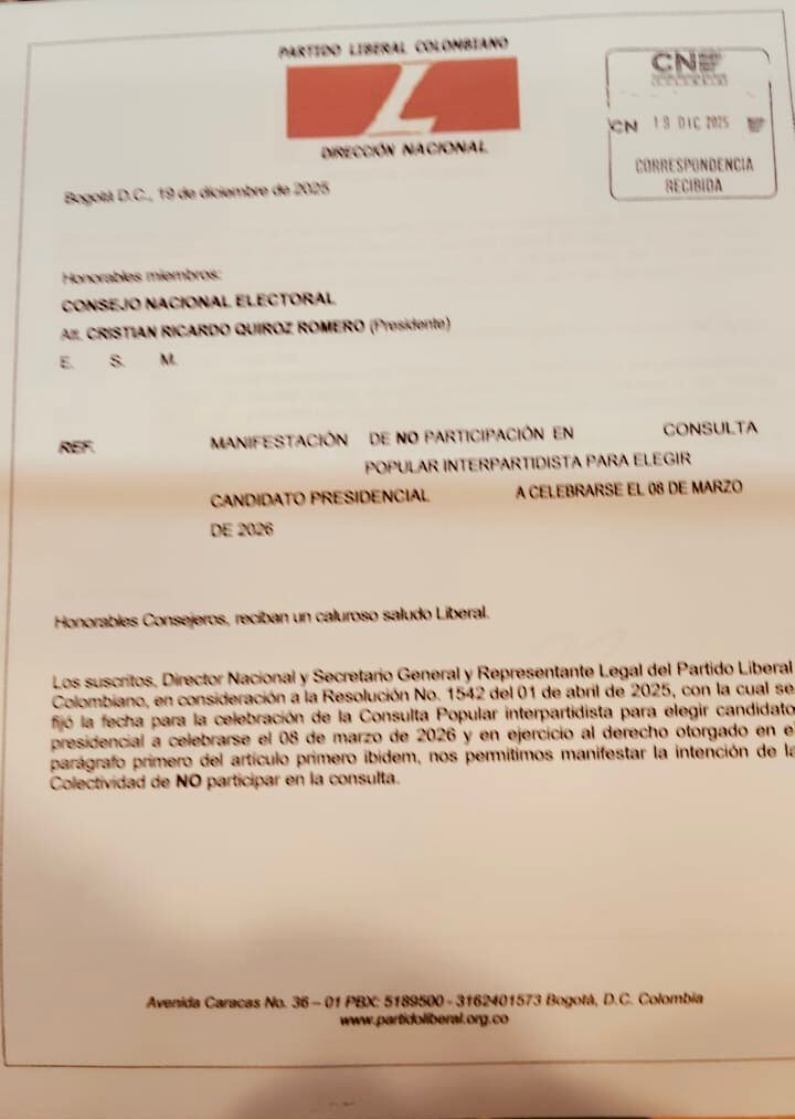 Partido Liberal no irá a una consulta.
