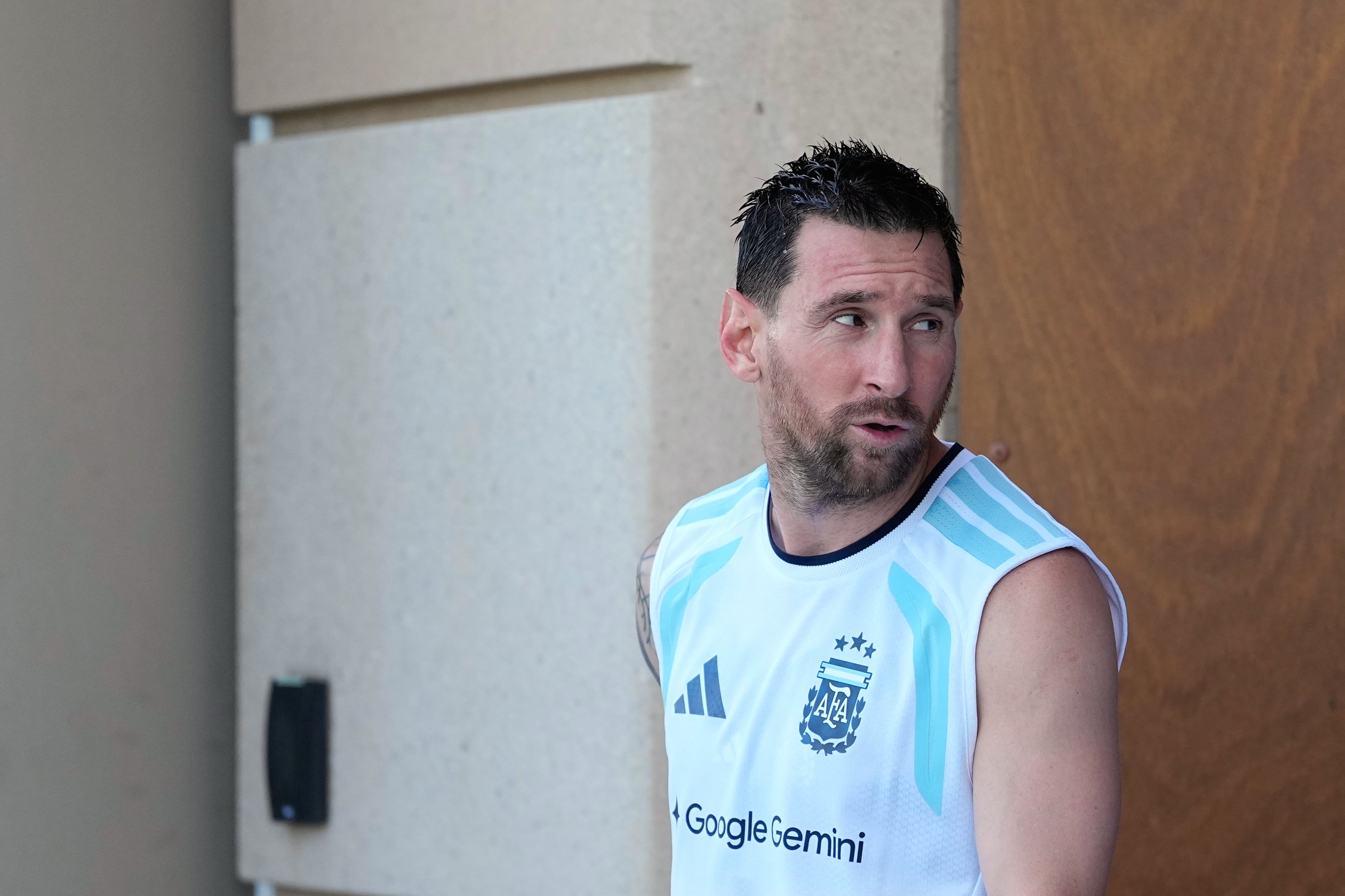 Argentina's Lionel Messi walks to the pitch to train for the World Cup soccer tournament Monday, June 29, 2026, in Kansas City, Kan. (AP Photo/Charlie Riedel)