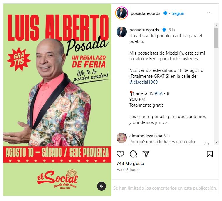 Luis Alberto Posada cantará gratis en el barrio Provenza de Medellín.