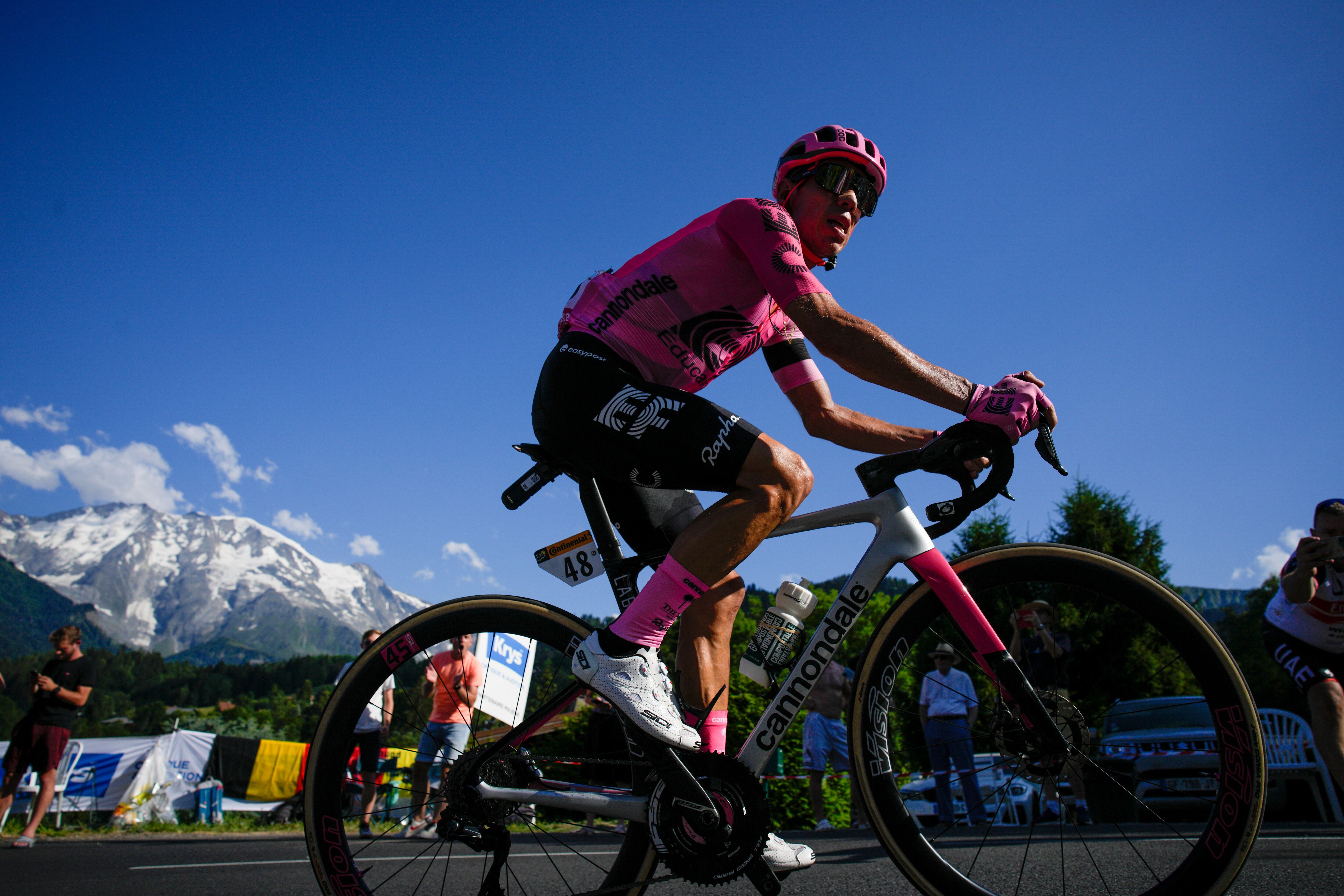 Colombia's Rigoberto Uran climbs during the fifteenth stage of the Tour de France cycling race over 179 kilometers (111 miles) with start in Les Gets Les Portes du Soleil and finish in Saint-Gervais Mont-Blanc, France, Sunday, July 16, 2023. (AP Photo/Daniel Cole)