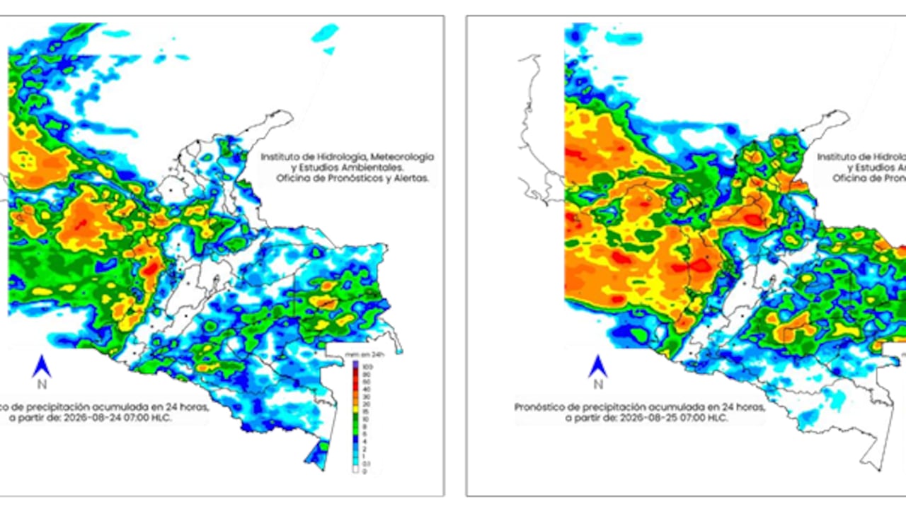 Mapa del clima para el lunes 24 y martes 25 de agosto en Colombia.