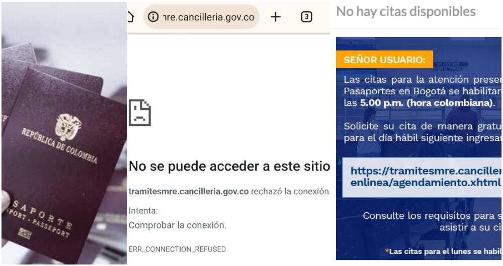 Un pasaporte colombiano y los mensajes que arroja la web de la Cancillería