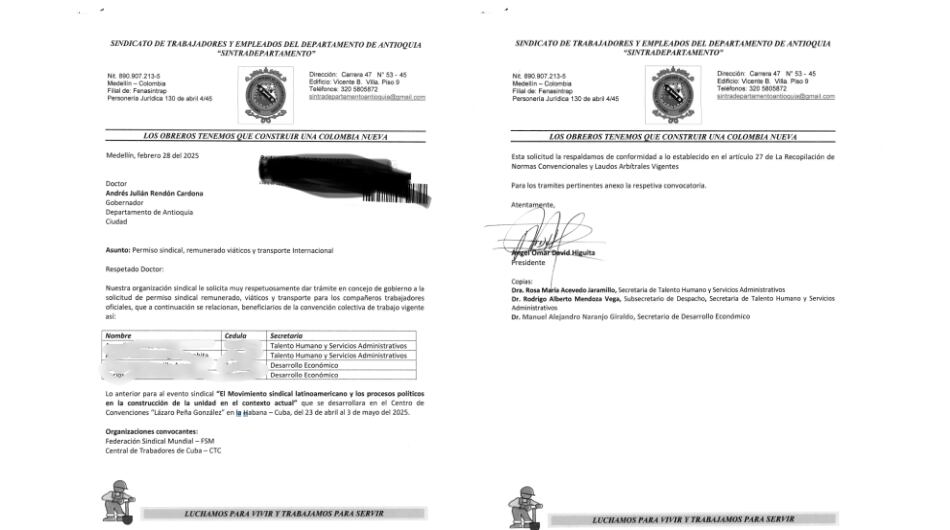 Documento que se le remitió al gobernador de Antioquia, Andrés Julián Rendón, sobre la pasantía sindical en Antioquia.