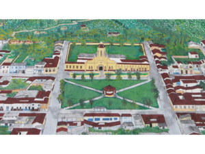 El pueblo de San Joaquín pintado en la fachada de una casa.