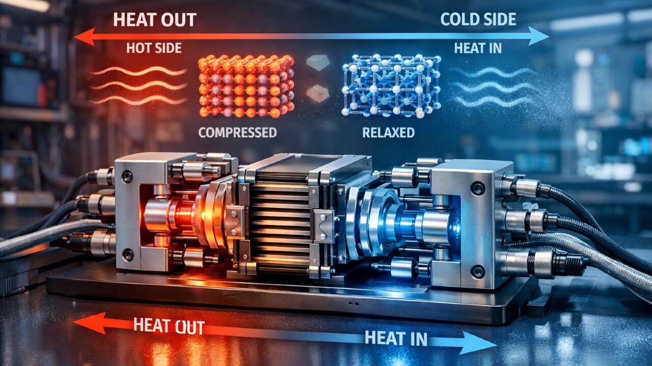 Ilustración de lo que sería un sistema de refrigeración elastocalórica.