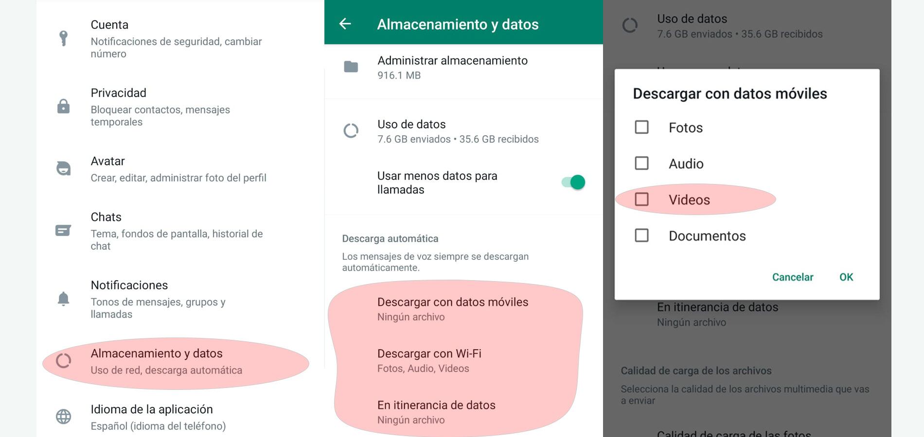 Menú para ajustar las descargas automáticas en WhatsApp.