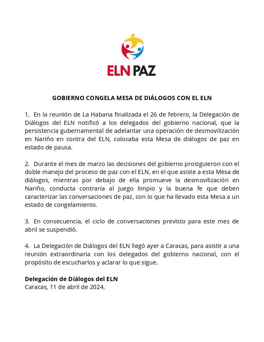 La delegación de paz  del ELN asegura que el Gobierno con sus acciones congeló la mesa de diálogos.