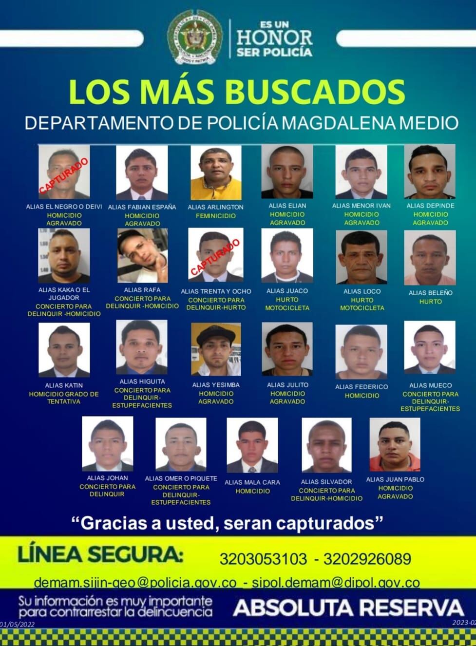 Delincuentes buscados en el Magdalena Medio.